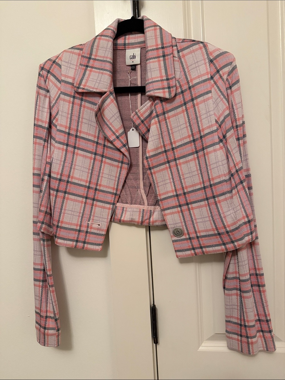 CAbi Pink and Gray Plaid Cropped Blazer